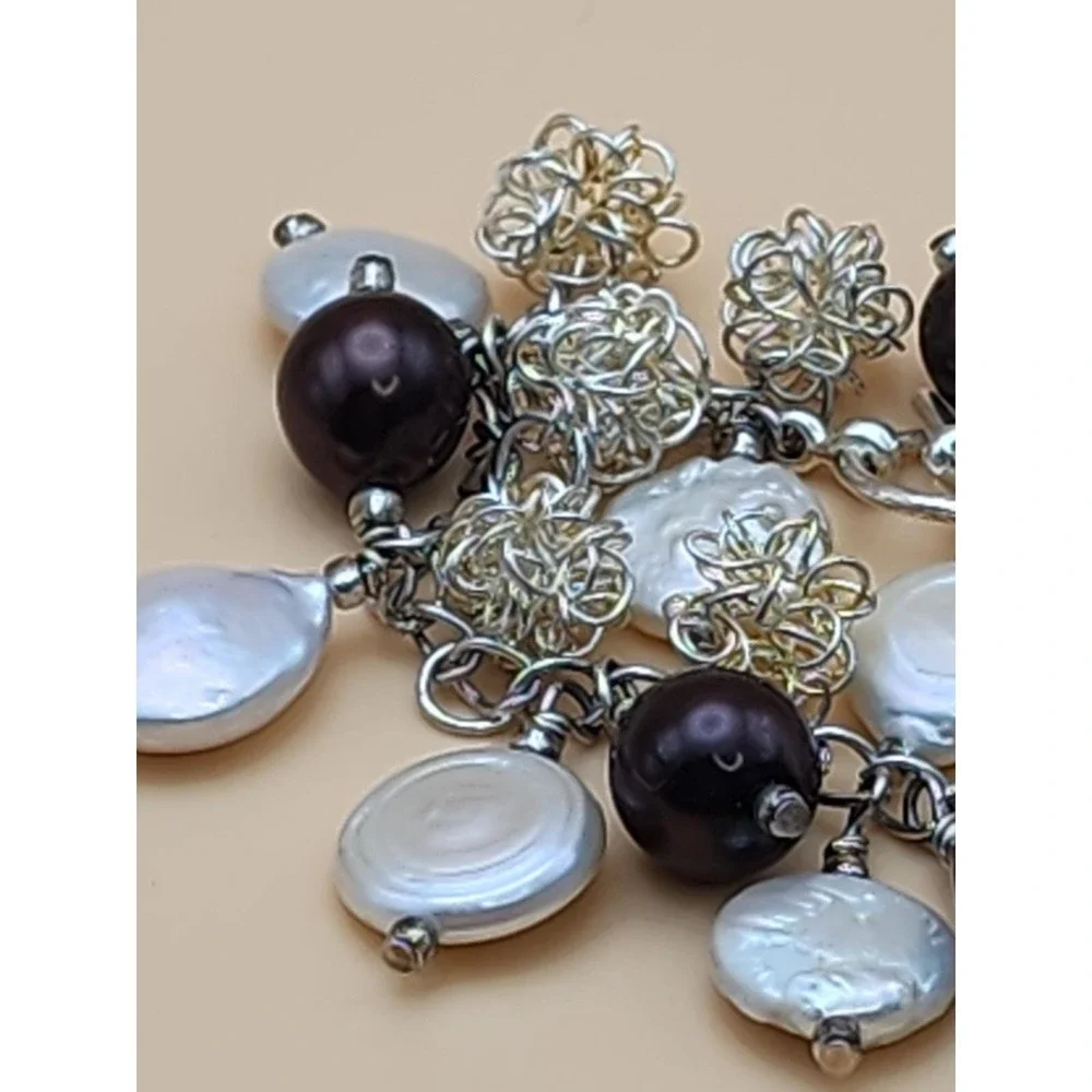 Vtg GENUINE Coin Pearl & Brown Glass Bead Bracelet Silver Wire Balls FREE $HIP!!